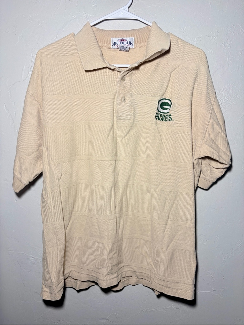 Vintage Antigua Green Bay Packers Polo Shirt Beige Cotton Men's L Fits S/M